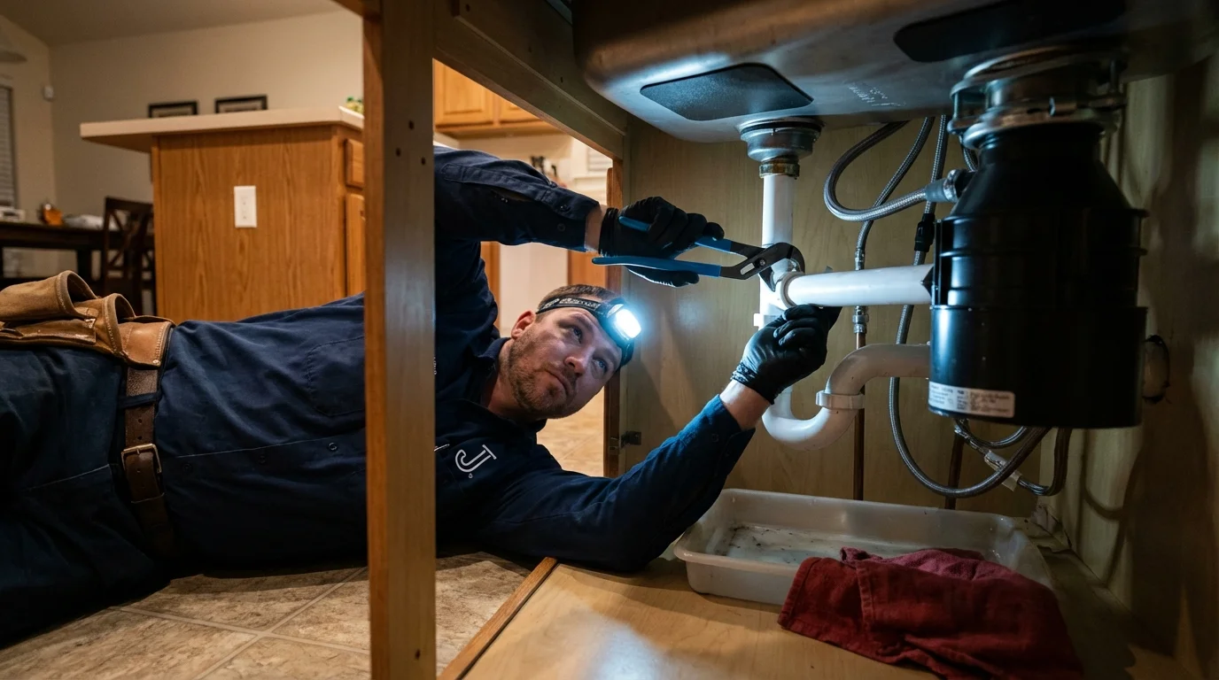 P-trap and supply line connections under a kitchen sink showing a common leak point in Rush City, MN